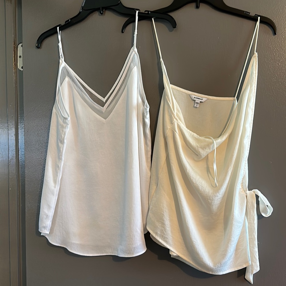 Two Express brand camisoles one cream once white with mesh detail v/neck wrap